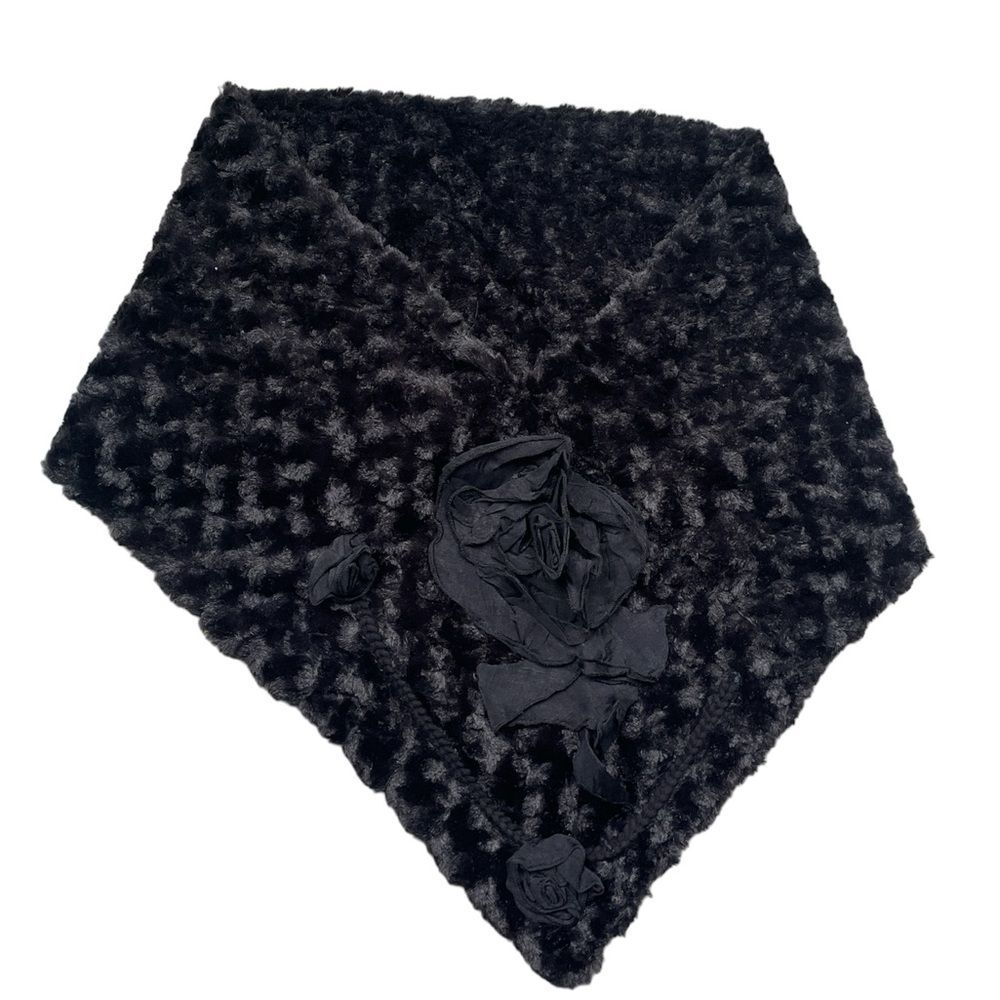 𝅺Women's Faux Fur Shawls Shoulder Wraps Black With Fabric Flowers New